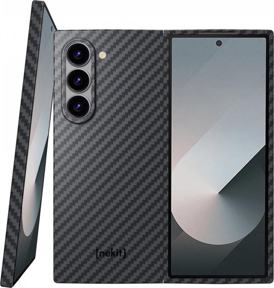 NEKIT Fiber Hoesje Geschikt voor Samsung Galaxy Z Fold 6 - Compatibel met MagSafe - Kevlar Aramidevezels 1500D - Back Cover Ultra Dun - Grijs/Zwart